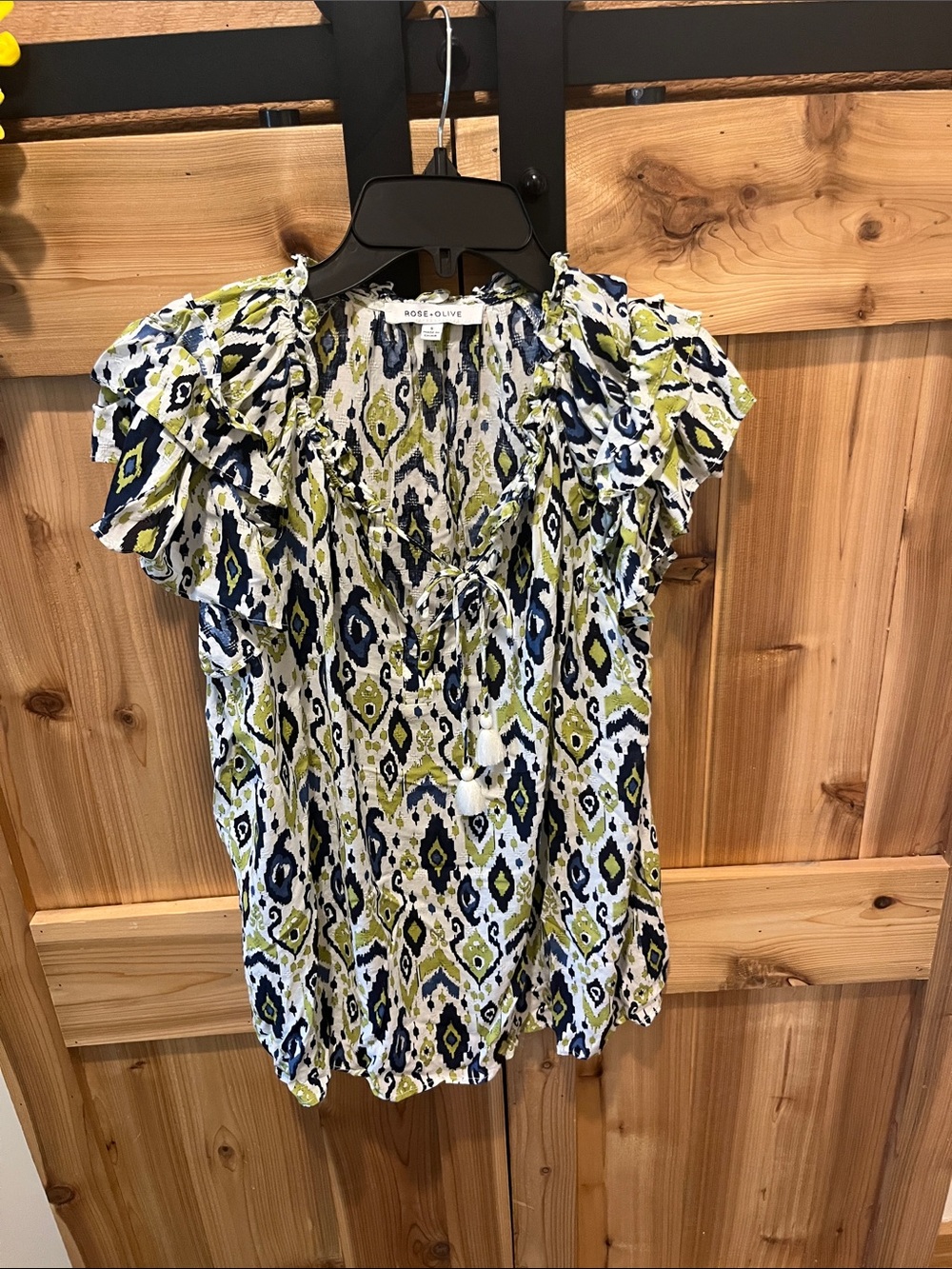 Rose & Olive Navy, White and Green Ikat Ruffle Tie-Front Blouse